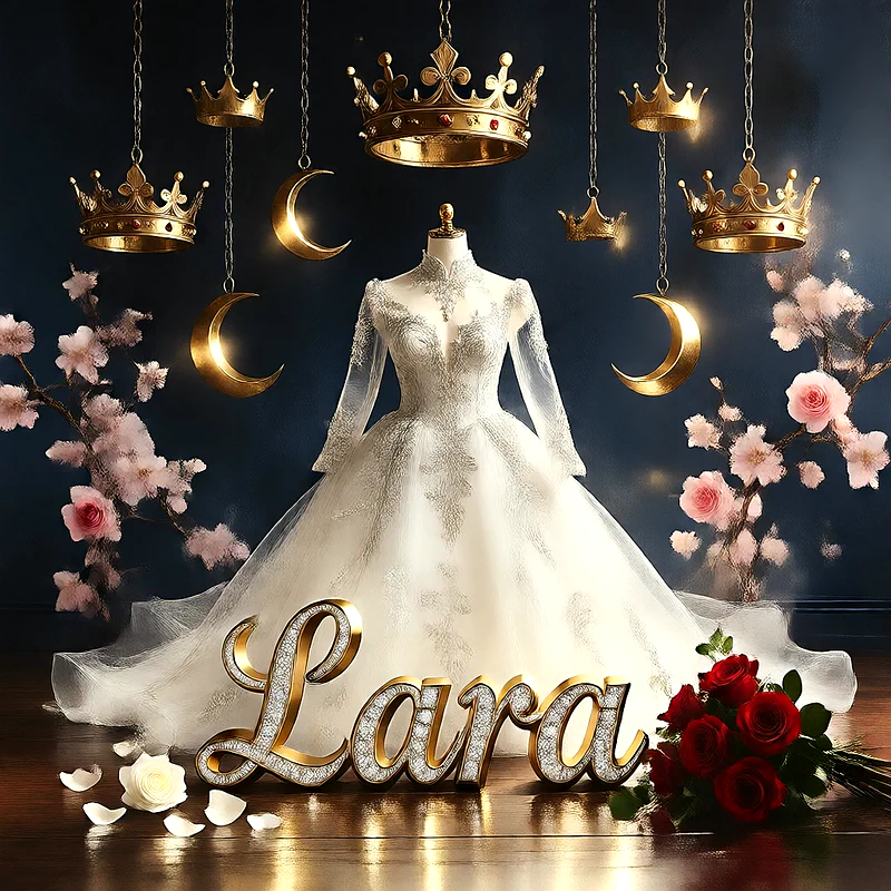 تحميل صورة فستان فرح باسم لارا للعروسة للفيسبوك والواتساب