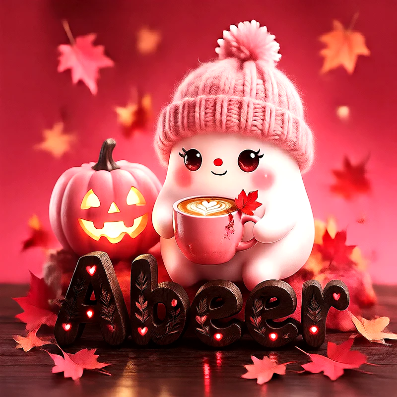 صورة اسم عبير بتصميم الشبح الكيوت وأجواء الهالوين الدافئة