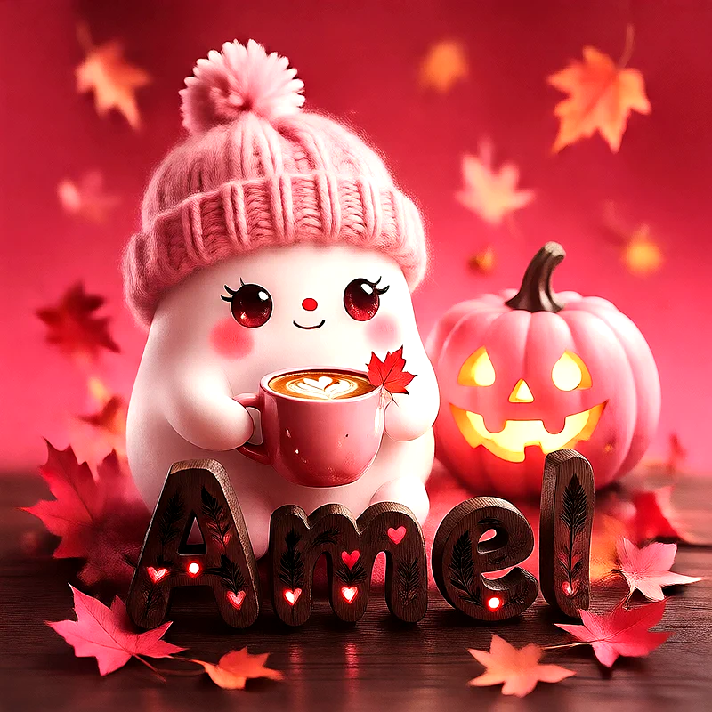 صورة اسم امل بتصميم الشبح الكيوت وأجواء الهالوين الدافئة