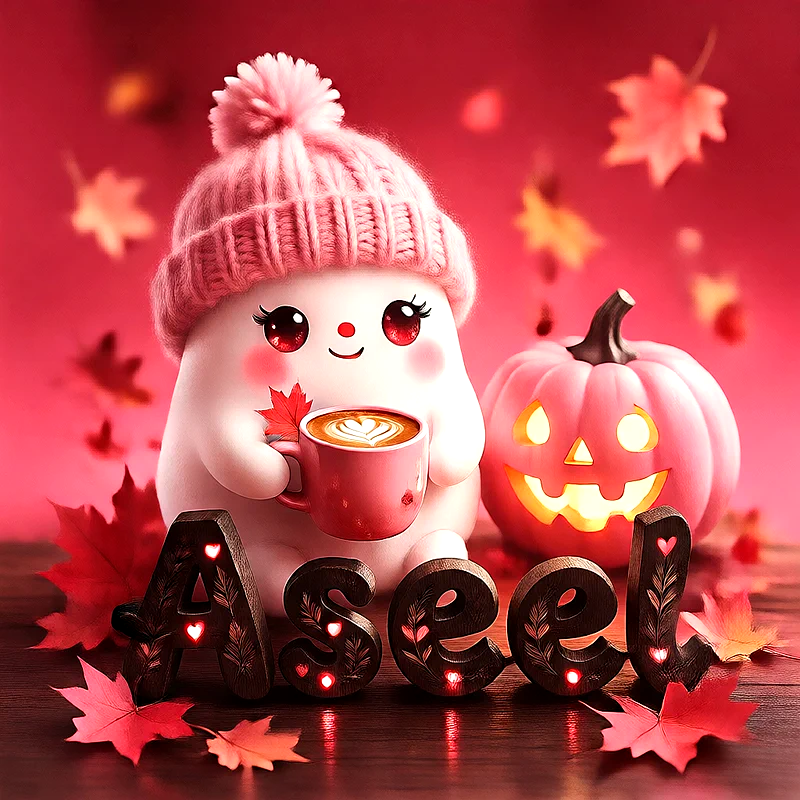 صورة اسم أسيل بتصميم الشبح الكيوت وأجواء الهالوين الدافئة