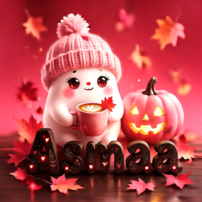 صورة اسم أسماء بتصميم الشبح الكيوت وأجواء الهالوين الدافئة