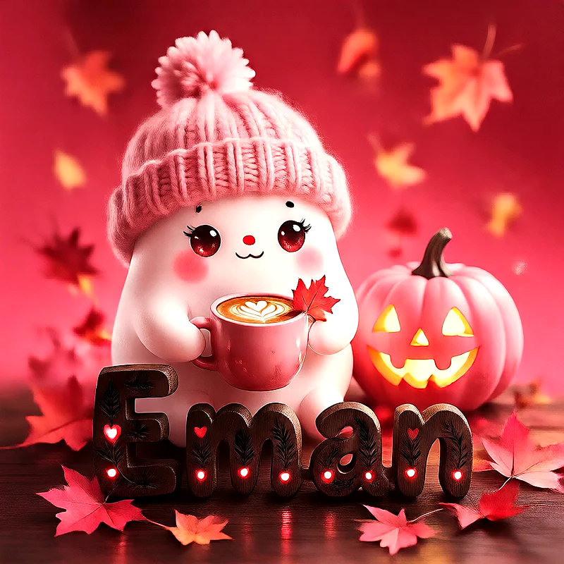 صورة اسم إيمان بتصميم الشبح الكيوت وأجواء الهالوين الدافئة