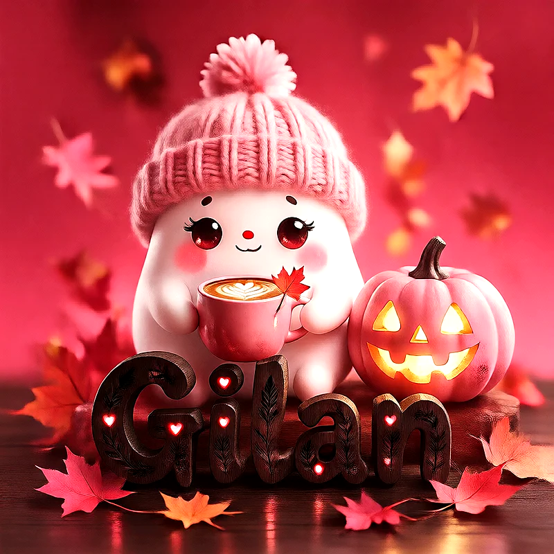 صورة اسم جيلان بتصميم الشبح الكيوت وأجواء الهالوين الدافئة