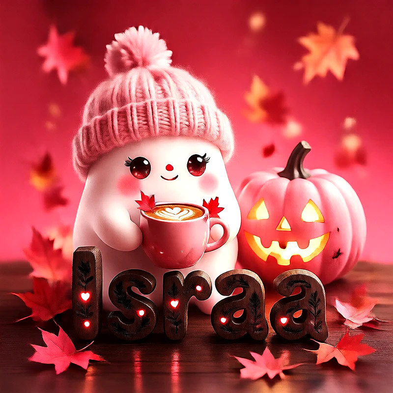 صورة اسم إسراء بتصميم الشبح الكيوت وأجواء الهالوين الدافئة