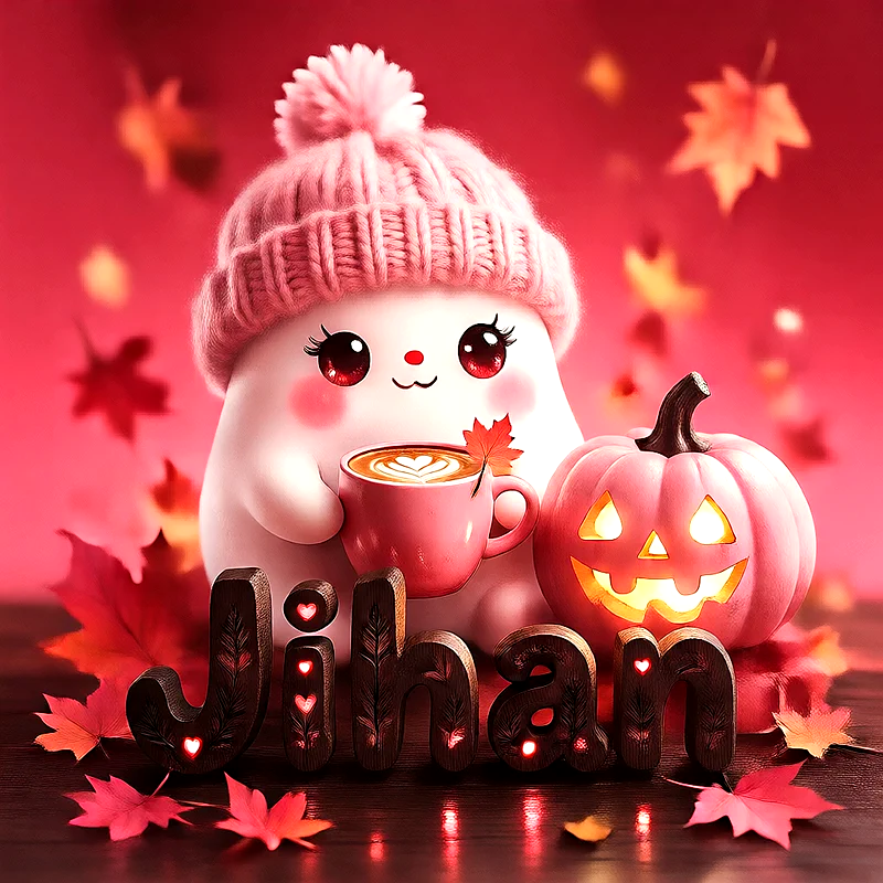صورة اسم جيهان بتصميم الشبح الكيوت وأجواء الهالوين الدافئة