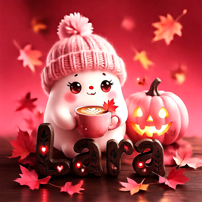 صورة اسم لارا بتصميم الشبح الكيوت وأجواء الهالوين الدافئة