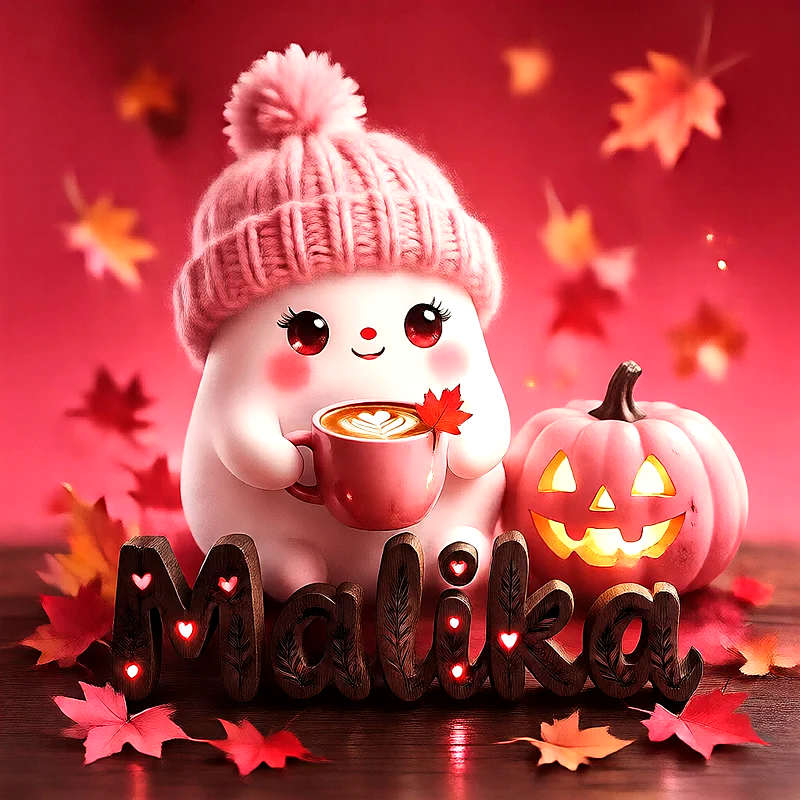 صورة اسم مليكة بتصميم الشبح الكيوت وأجواء الهالوين الدافئة