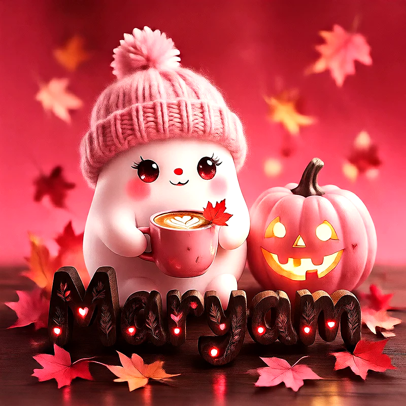 صورة اسم مريم بتصميم الشبح الكيوت وأجواء الهالوين الدافئة