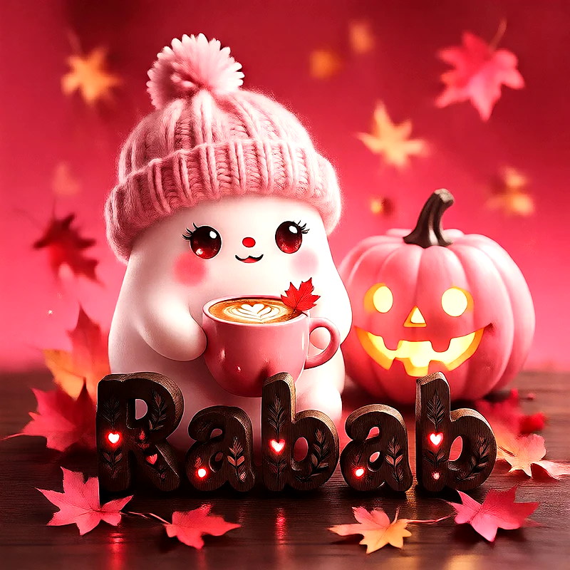 صورة اسم رباب بتصميم الشبح الكيوت وأجواء الهالوين الدافئة