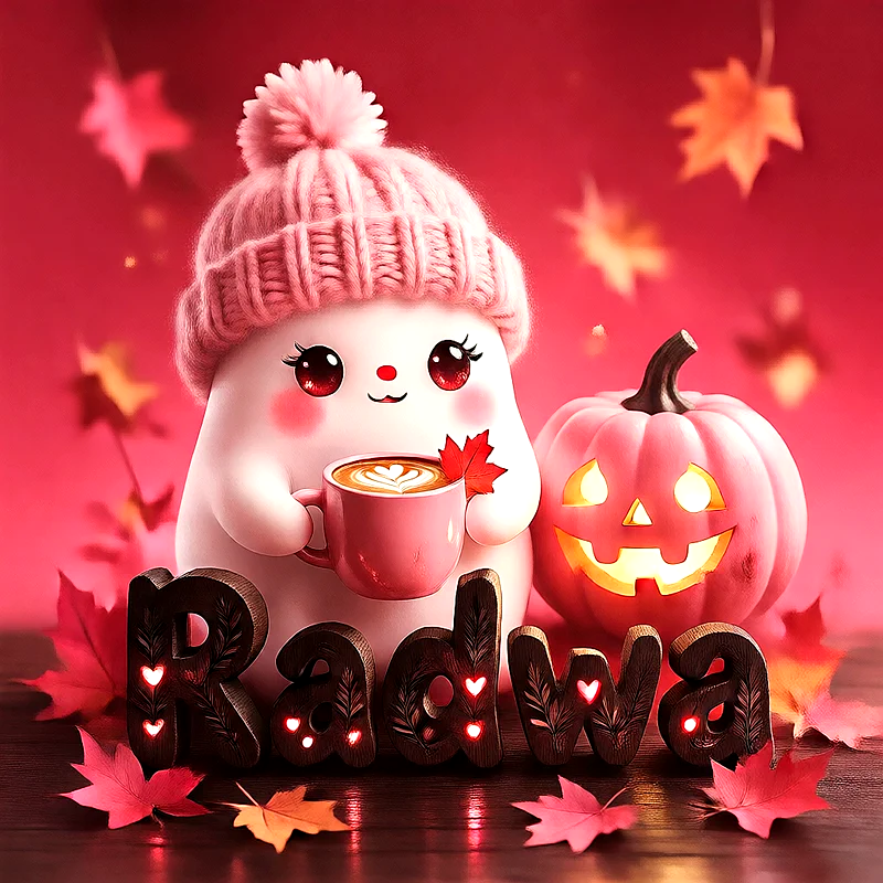 صورة اسم رضوي بتصميم الشبح الكيوت وأجواء الهالوين الدافئة