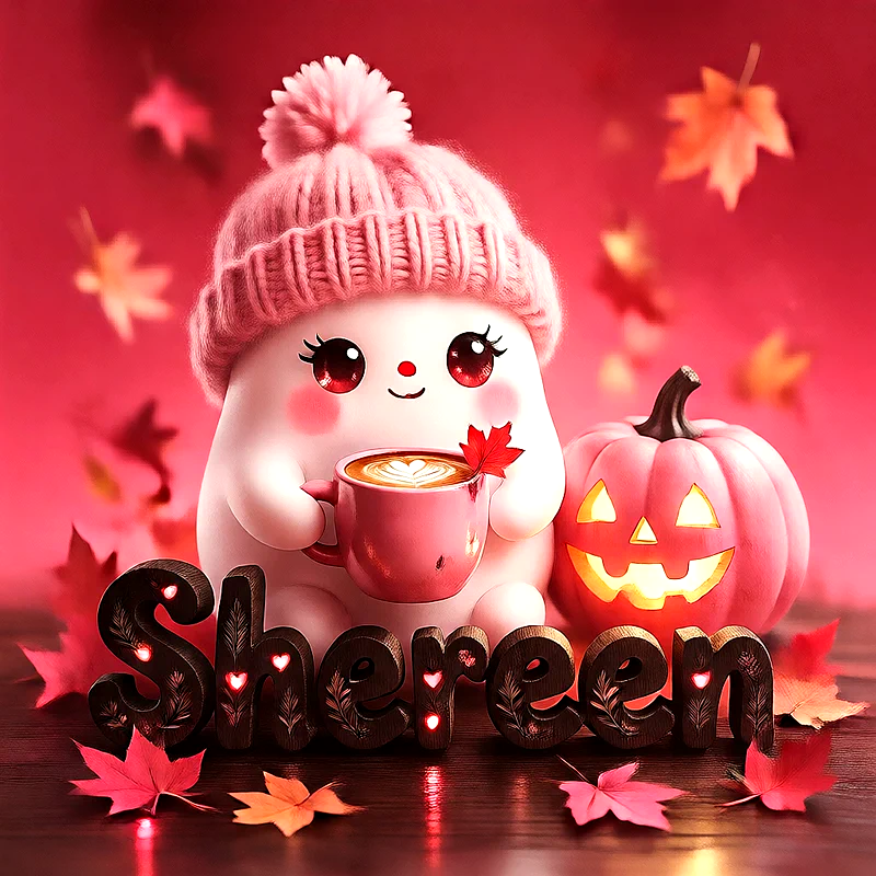 صورة اسم شيرين بتصميم الشبح الكيوت وأجواء الهالوين الدافئة