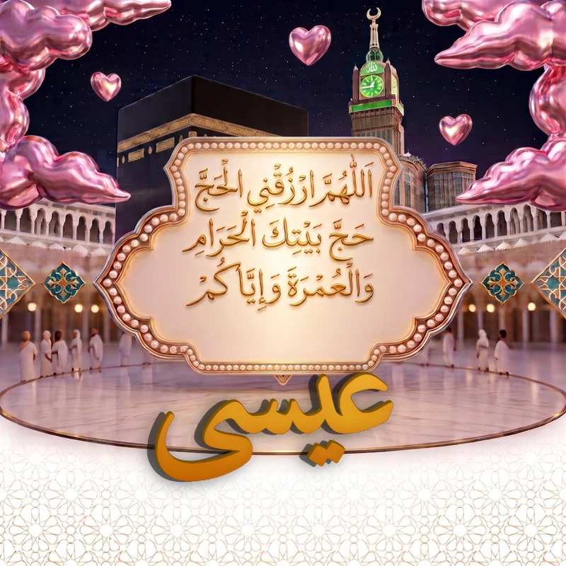 صورة دعاء الحج والعمرة باسم عيسى | اللهم ارزقني الحج حج بيتك الحرام والعمرة وإياكم | بطاقة دعائية مميزة