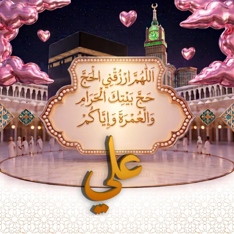 صورة دعاء الحج والعمرة باسم علي | اللهم ارزقني الحج حج بيتك الحرام والعمرة وإياكم | بطاقة دعائية مميزة