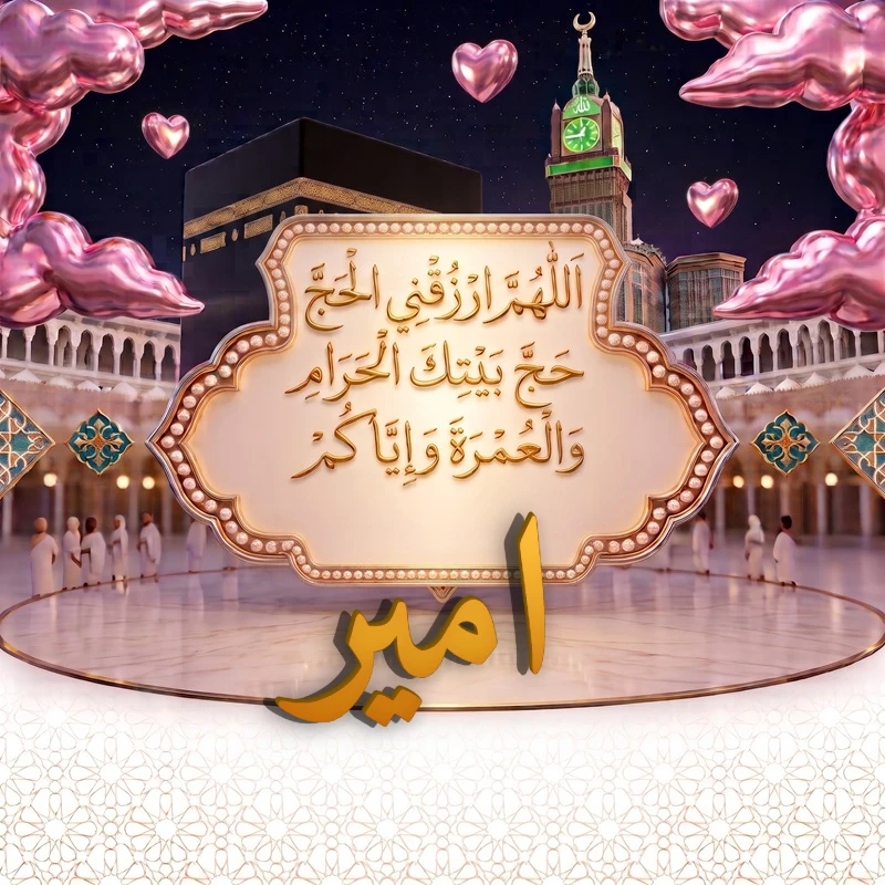 صورة دعاء الحج والعمرة باسم امير | اللهم ارزقني الحج حج بيتك الحرام والعمرة وإياكم | بطاقة دعائية مميزة