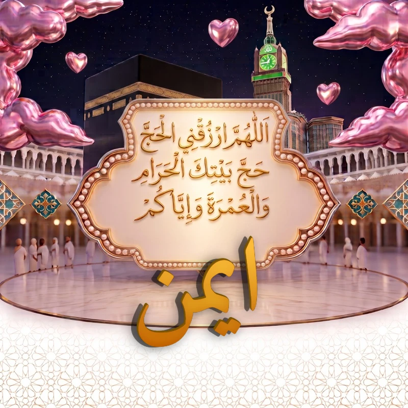 صورة دعاء الحج والعمرة باسم ايمن | اللهم ارزقني الحج حج بيتك الحرام والعمرة وإياكم | بطاقة دعائية مميزة