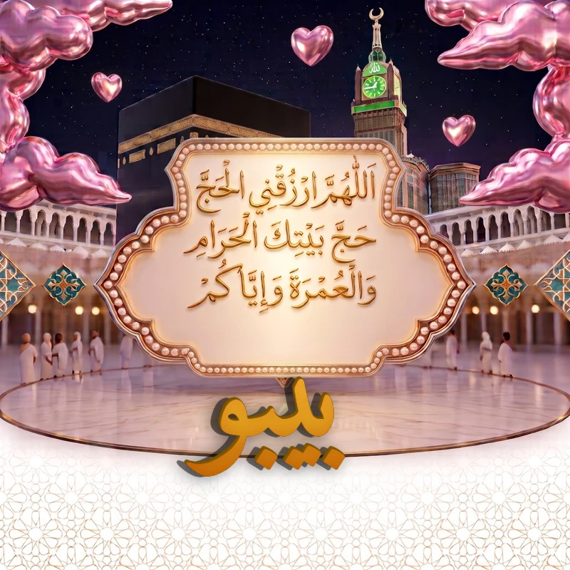صورة دعاء الحج والعمرة باسم بيبو | اللهم ارزقني الحج حج بيتك الحرام والعمرة وإياكم | بطاقة دعائية مميزة