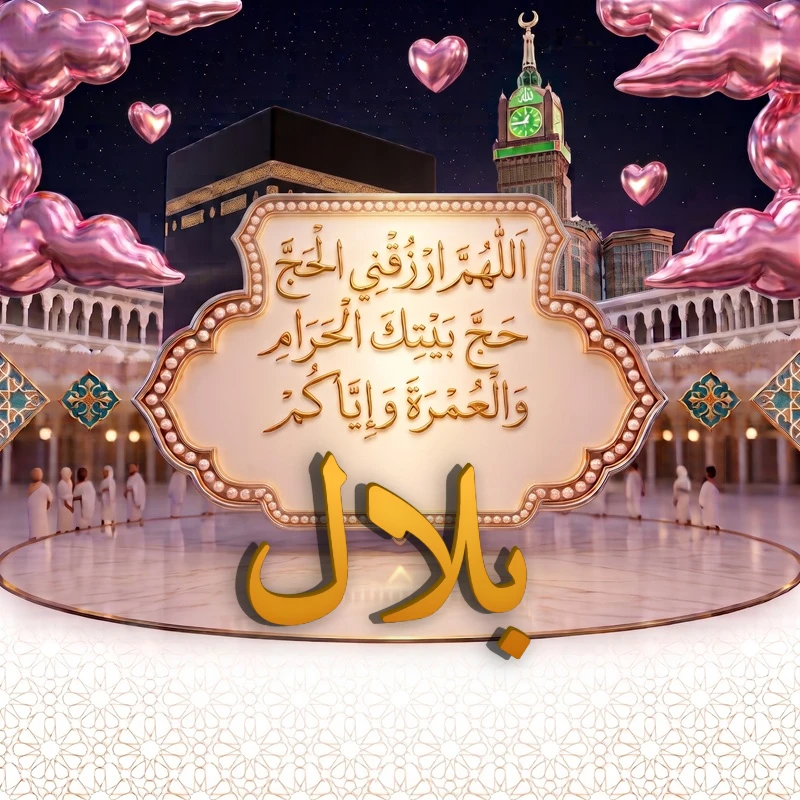 صورة دعاء الحج والعمرة باسم بلال | اللهم ارزقني الحج حج بيتك الحرام والعمرة وإياكم | بطاقة دعائية مميزة