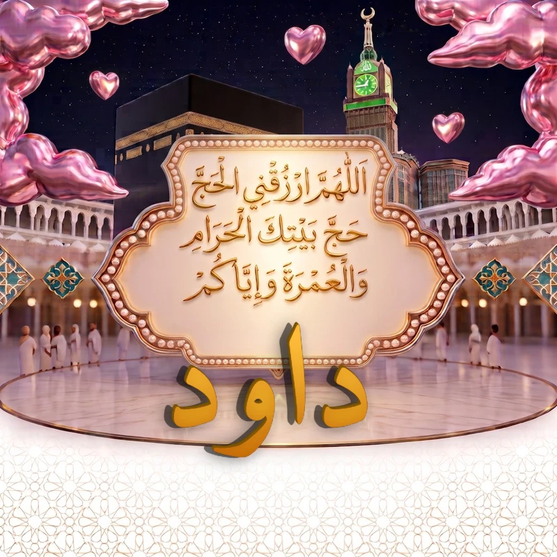 صورة دعاء الحج والعمرة باسم داود | اللهم ارزقني الحج حج بيتك الحرام والعمرة وإياكم | بطاقة دعائية مميزة