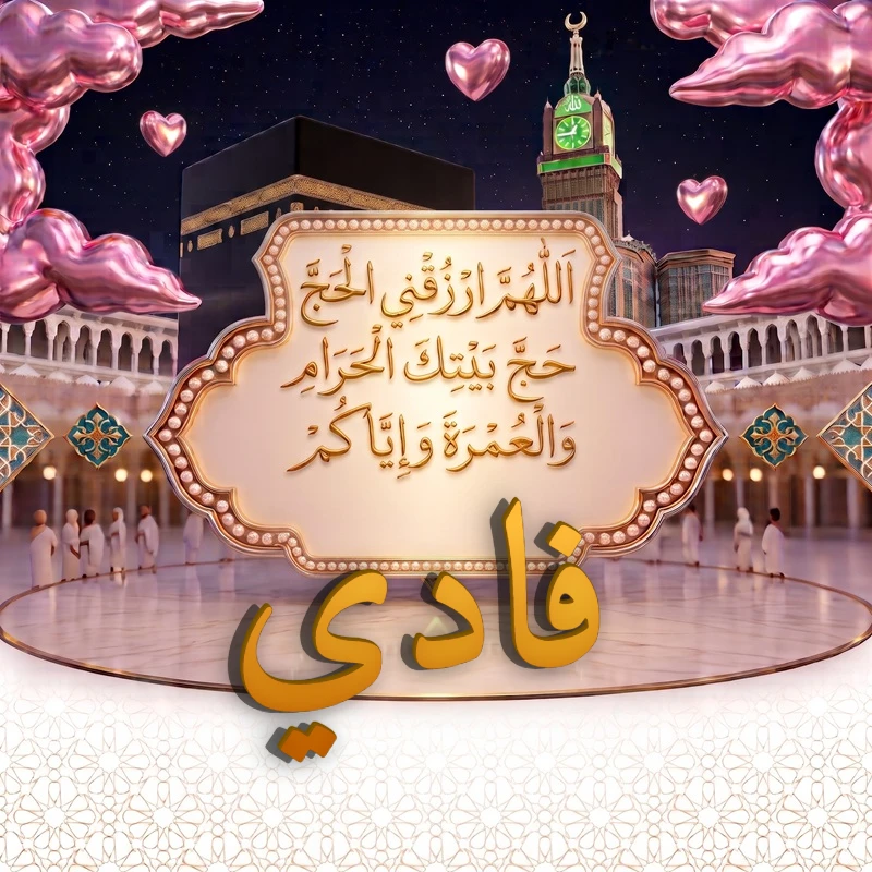 صورة دعاء الحج والعمرة باسم فادي | اللهم ارزقني الحج حج بيتك الحرام والعمرة وإياكم | بطاقة دعائية مميزة