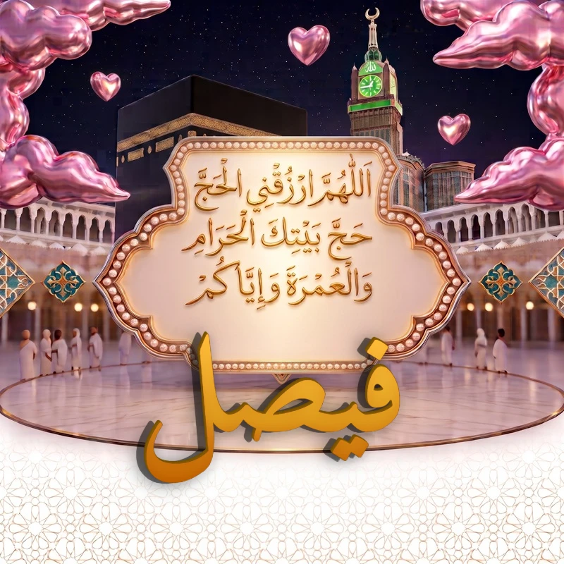 صورة دعاء الحج والعمرة باسم فيصل | اللهم ارزقني الحج حج بيتك الحرام والعمرة وإياكم | بطاقة دعائية مميزة