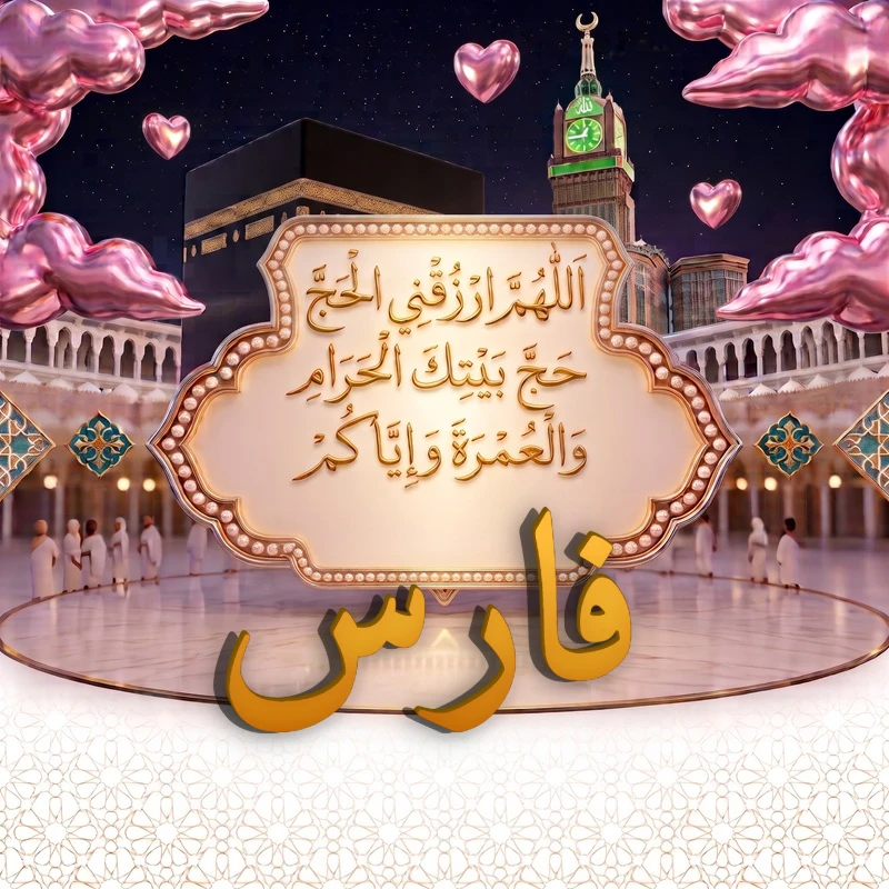 صورة دعاء الحج والعمرة باسم فارس | اللهم ارزقني الحج حج بيتك الحرام والعمرة وإياكم | بطاقة دعائية مميزة