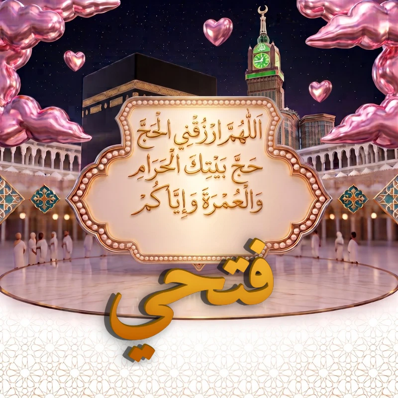 صورة دعاء الحج والعمرة باسم فتحي | اللهم ارزقني الحج حج بيتك الحرام والعمرة وإياكم | بطاقة دعائية مميزة