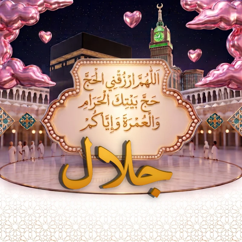 صورة دعاء الحج والعمرة باسم جلال | اللهم ارزقني الحج حج بيتك الحرام والعمرة وإياكم | بطاقة دعائية مميزة