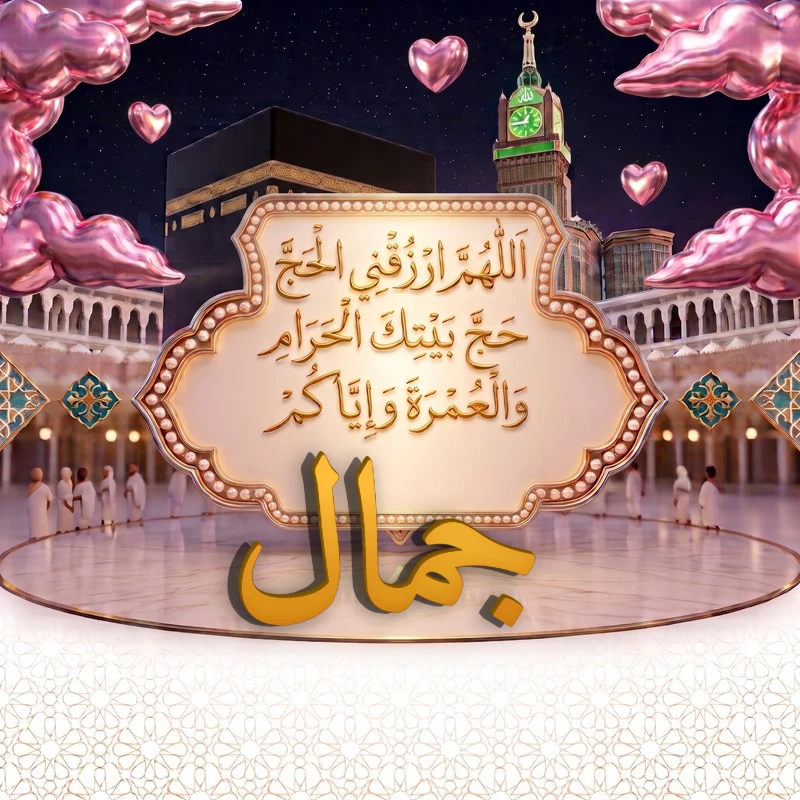صورة دعاء الحج والعمرة باسم جمال | اللهم ارزقني الحج حج بيتك الحرام والعمرة وإياكم | بطاقة دعائية مميزة