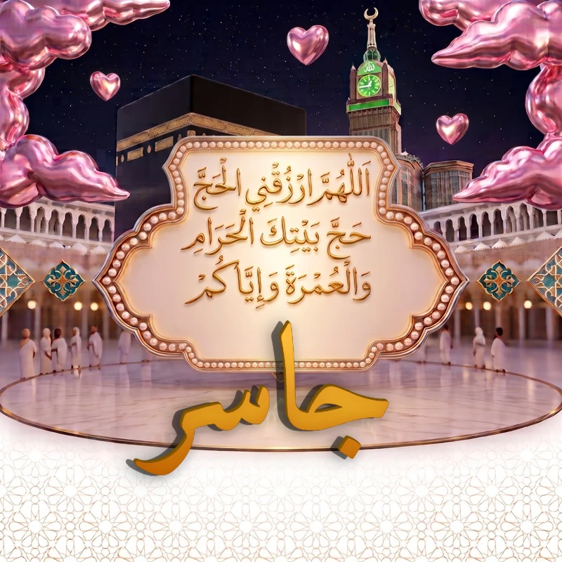 صورة دعاء الحج والعمرة باسم جاسر | اللهم ارزقني الحج حج بيتك الحرام والعمرة وإياكم | بطاقة دعائية مميزة