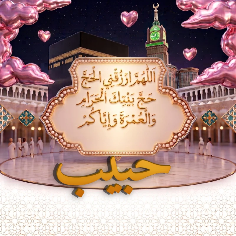 صورة دعاء الحج والعمرة باسم حبيب | اللهم ارزقني الحج حج بيتك الحرام والعمرة وإياكم | بطاقة دعائية مميزة