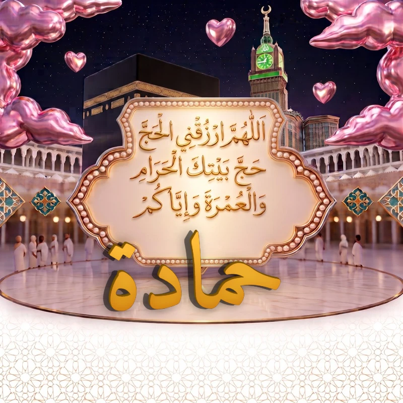 صورة دعاء الحج والعمرة باسم حمادة | اللهم ارزقني الحج حج بيتك الحرام والعمرة وإياكم | بطاقة دعائية مميزة