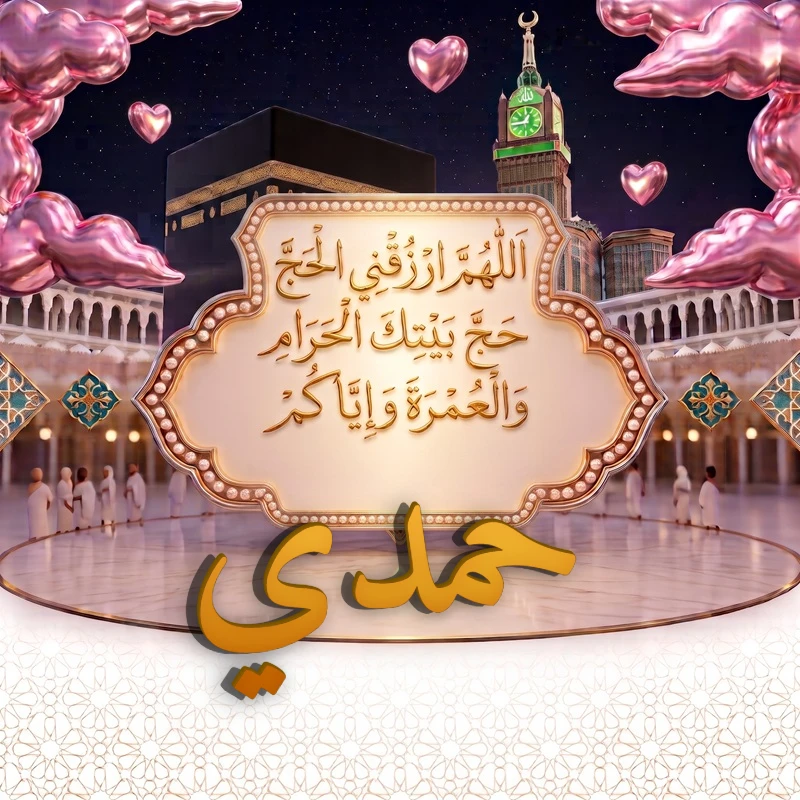 صورة دعاء الحج والعمرة باسم حمدي | اللهم ارزقني الحج حج بيتك الحرام والعمرة وإياكم | بطاقة دعائية مميزة