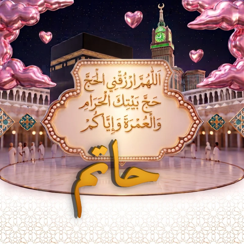 صورة دعاء الحج والعمرة باسم حاتم | اللهم ارزقني الحج حج بيتك الحرام والعمرة وإياكم | بطاقة دعائية مميزة