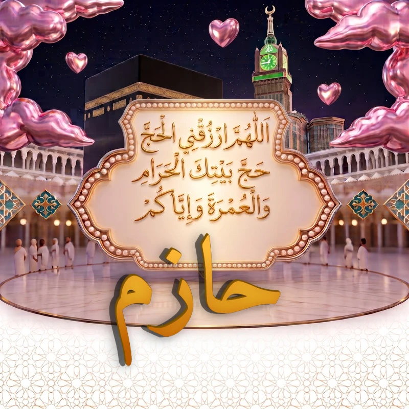 صورة دعاء الحج والعمرة باسم حازم | اللهم ارزقني الحج حج بيتك الحرام والعمرة وإياكم | بطاقة دعائية مميزة