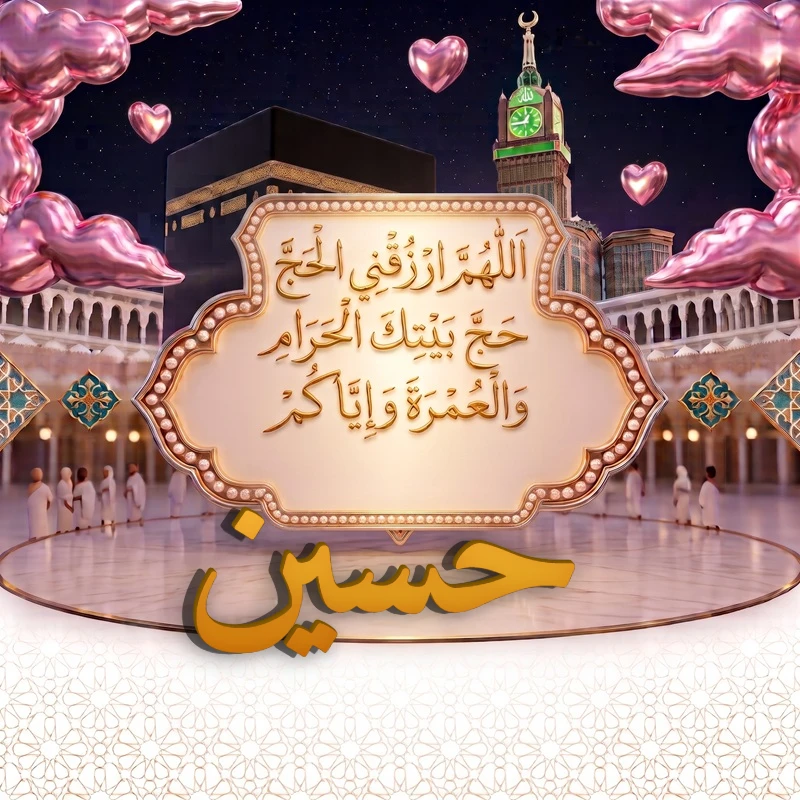 صورة دعاء الحج والعمرة باسم حسين | اللهم ارزقني الحج حج بيتك الحرام والعمرة وإياكم | بطاقة دعائية مميزة