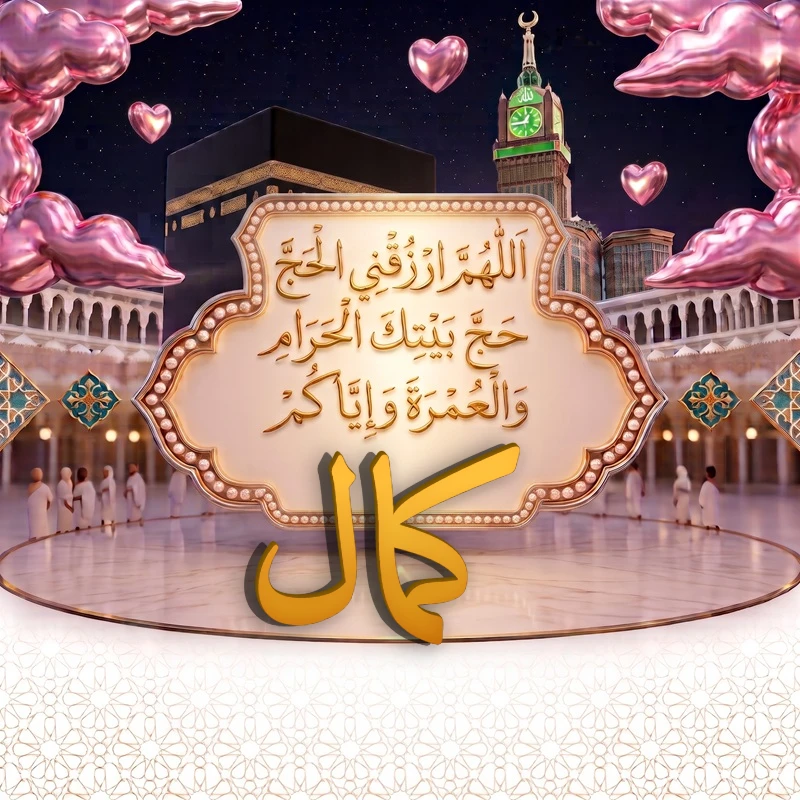 صورة دعاء الحج والعمرة باسم كمال | اللهم ارزقني الحج حج بيتك الحرام والعمرة وإياكم | بطاقة دعائية مميزة