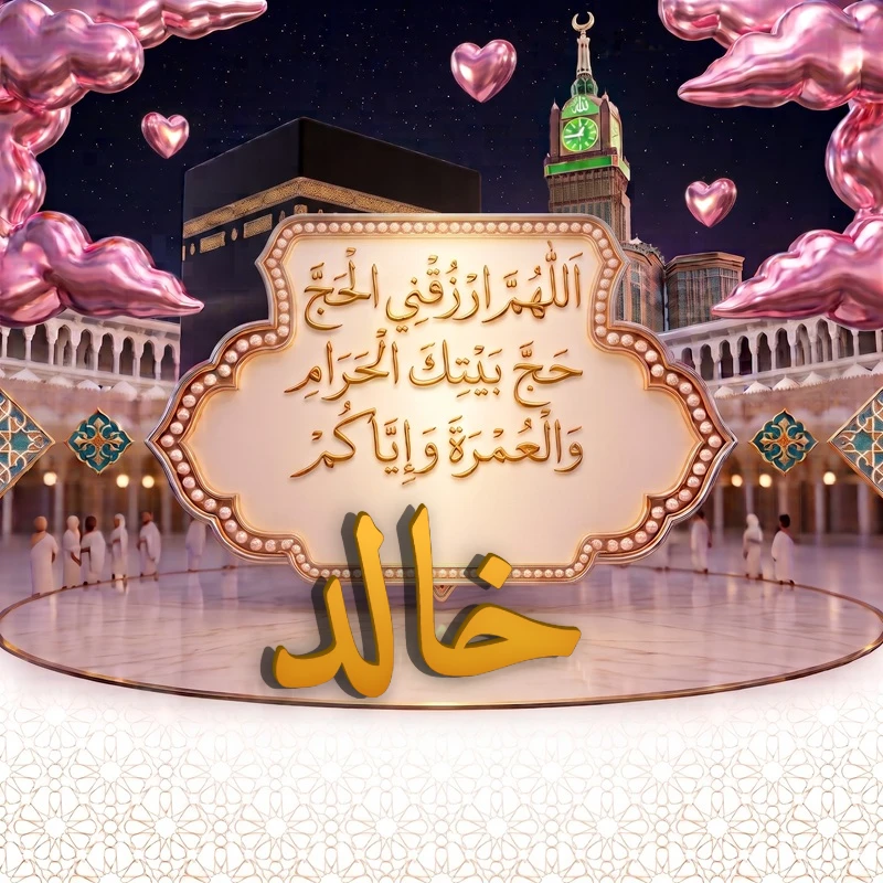 صورة دعاء الحج والعمرة باسم خالد | اللهم ارزقني الحج حج بيتك الحرام والعمرة وإياكم | بطاقة دعائية مميزة