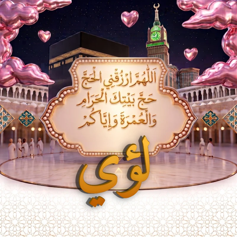 صورة دعاء الحج والعمرة باسم لؤي | اللهم ارزقني الحج حج بيتك الحرام والعمرة وإياكم | بطاقة دعائية مميزة