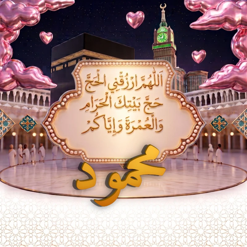 صورة دعاء الحج والعمرة باسم محمود | اللهم ارزقني الحج حج بيتك الحرام والعمرة وإياكم | بطاقة دعائية مميزة