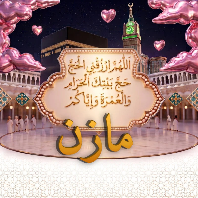 صورة دعاء الحج والعمرة باسم مازن | اللهم ارزقني الحج حج بيتك الحرام والعمرة وإياكم | بطاقة دعائية مميزة