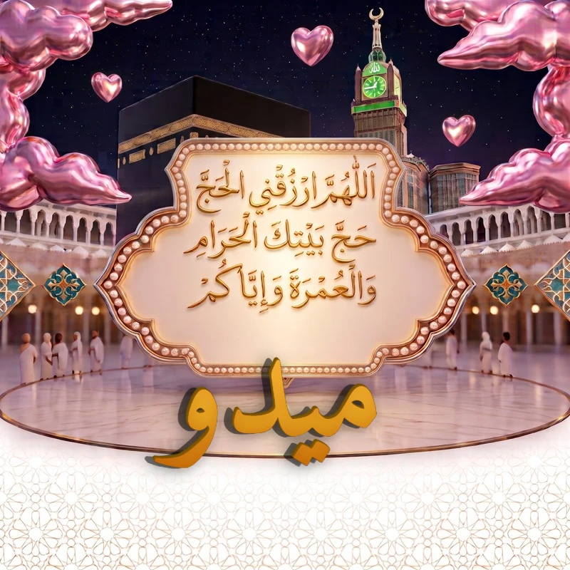 صورة دعاء الحج والعمرة باسم ميدو | اللهم ارزقني الحج حج بيتك الحرام والعمرة وإياكم | بطاقة دعائية مميزة