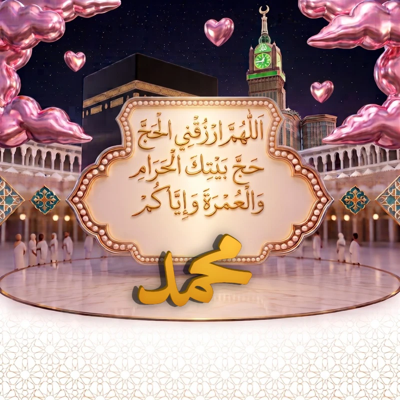 صورة دعاء الحج والعمرة باسم محمد | اللهم ارزقني الحج حج بيتك الحرام والعمرة وإياكم | بطاقة دعائية مميزة