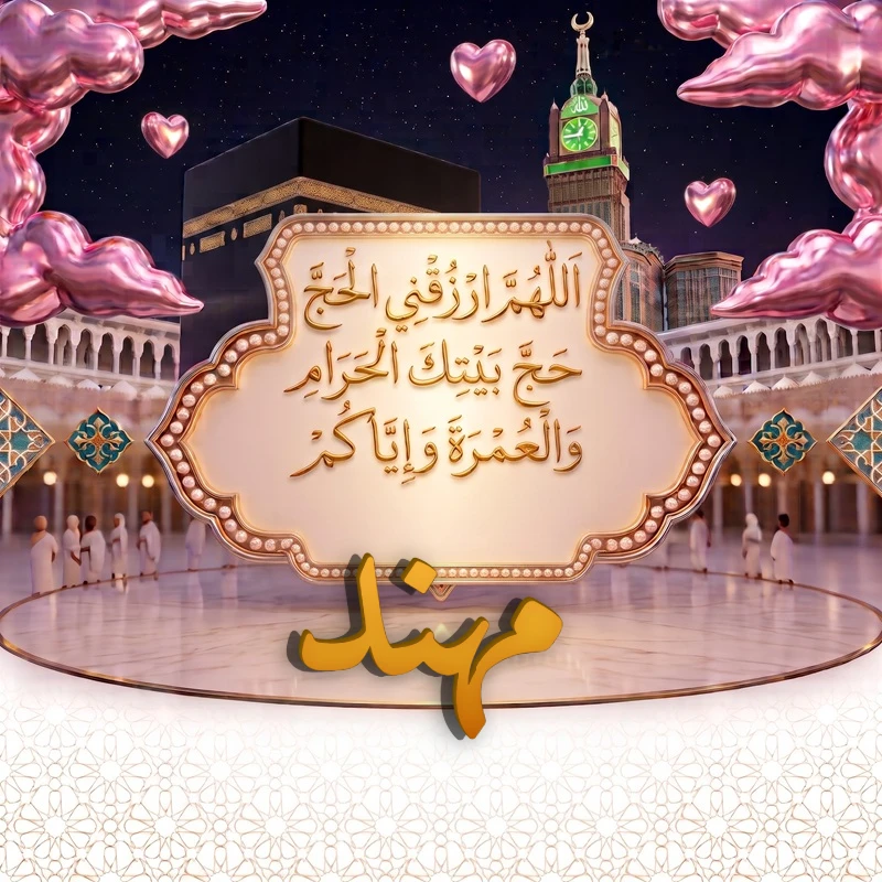 صورة دعاء الحج والعمرة باسم مهند | اللهم ارزقني الحج حج بيتك الحرام والعمرة وإياكم | بطاقة دعائية مميزة