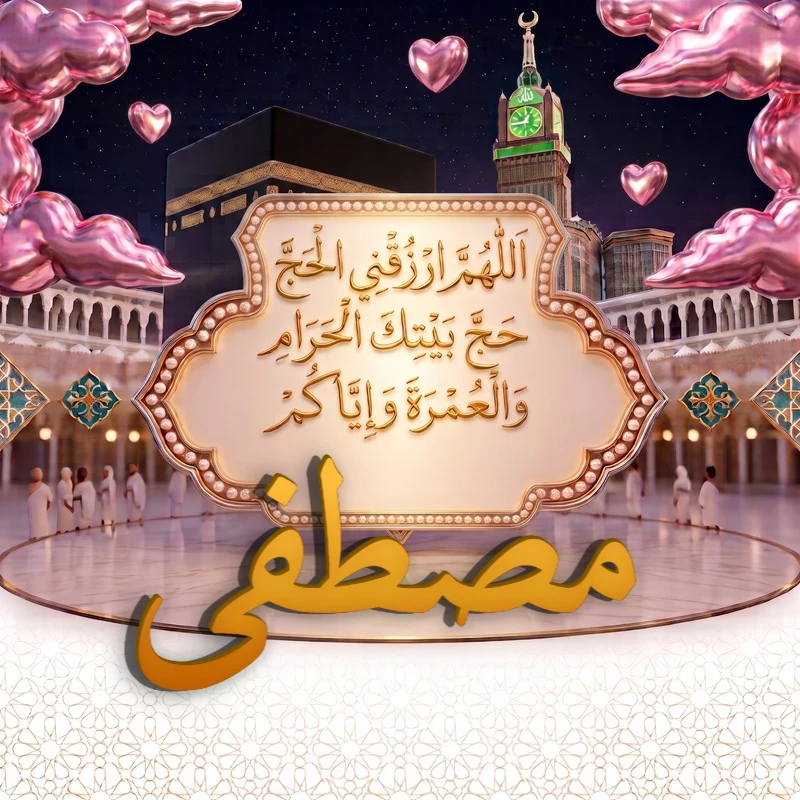 صورة دعاء الحج والعمرة باسم مصطفى | اللهم ارزقني الحج حج بيتك الحرام والعمرة وإياكم | بطاقة دعائية مميزة