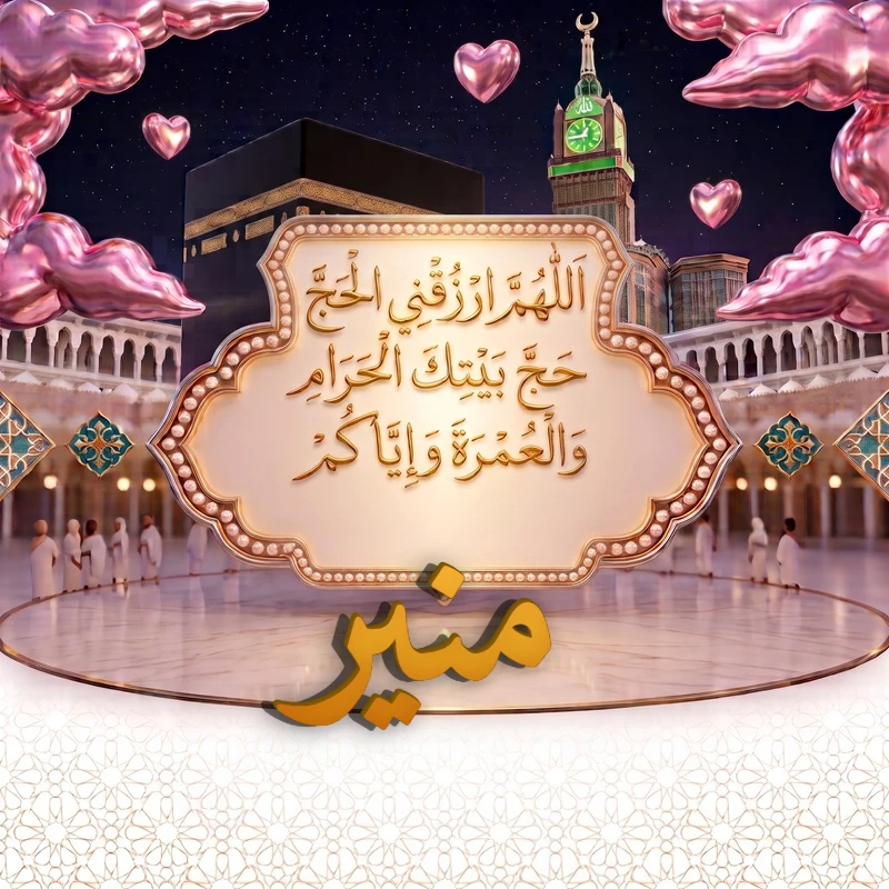 صورة دعاء الحج والعمرة باسم منير | اللهم ارزقني الحج حج بيتك الحرام والعمرة وإياكم | بطاقة دعائية مميزة