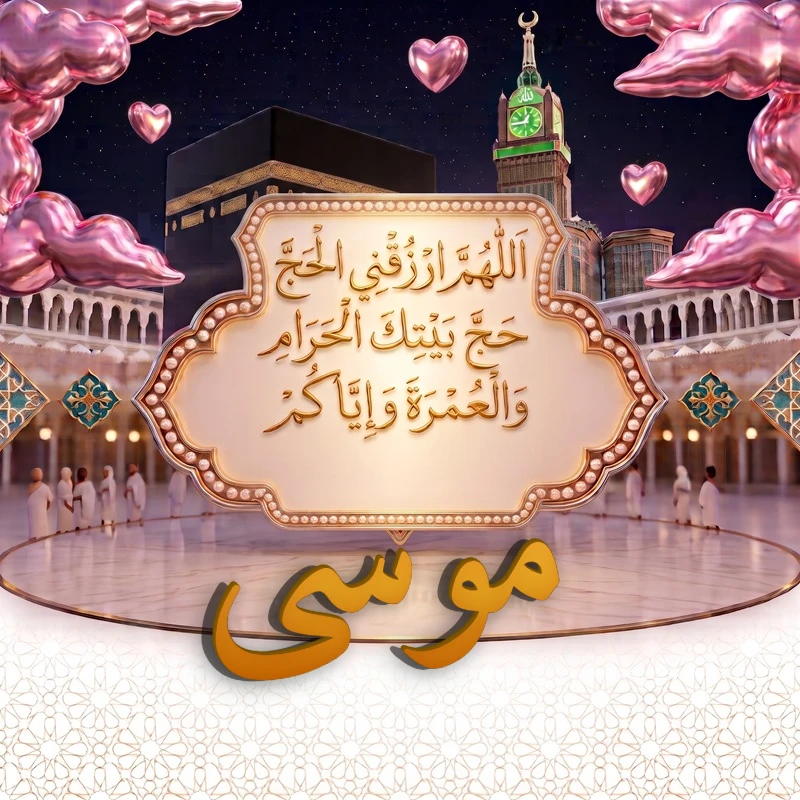 صورة دعاء الحج والعمرة باسم موسى | اللهم ارزقني الحج حج بيتك الحرام والعمرة وإياكم | بطاقة دعائية مميزة