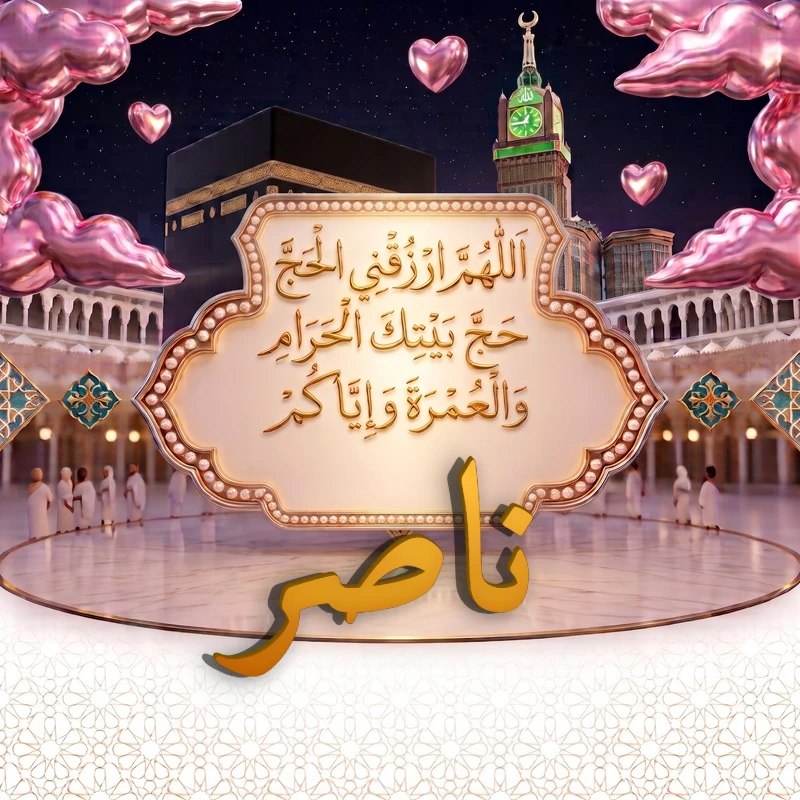 صورة دعاء الحج والعمرة باسم ناصر | اللهم ارزقني الحج حج بيتك الحرام والعمرة وإياكم | بطاقة دعائية مميزة