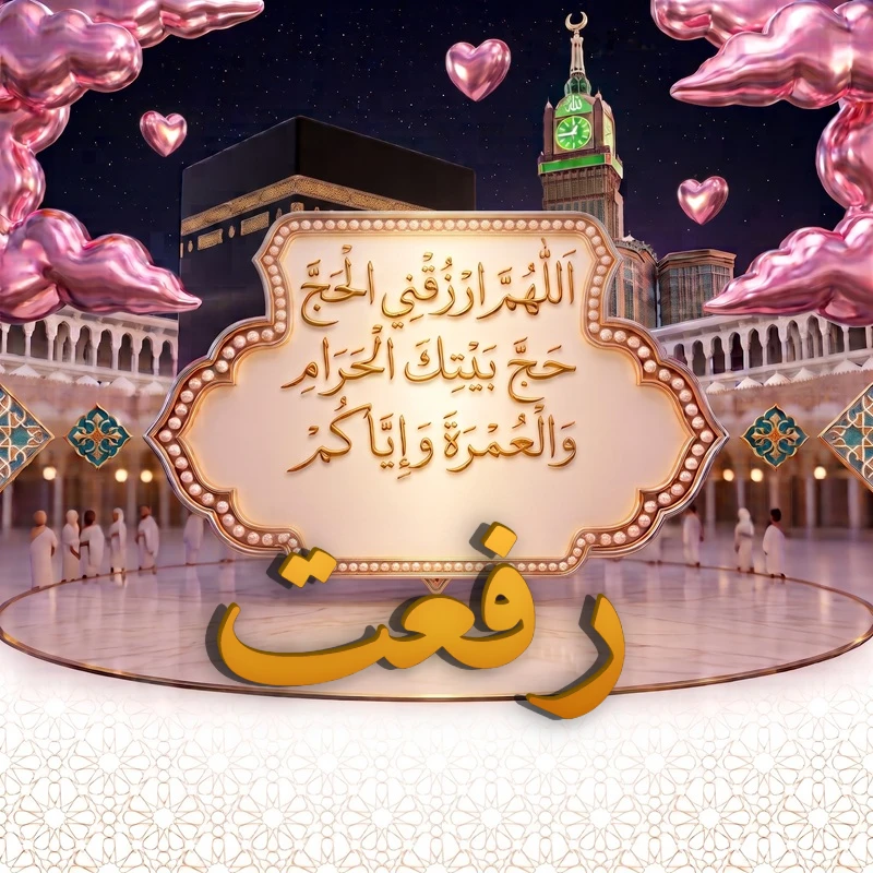 صورة دعاء الحج والعمرة باسم رفعت | اللهم ارزقني الحج حج بيتك الحرام والعمرة وإياكم | بطاقة دعائية مميزة