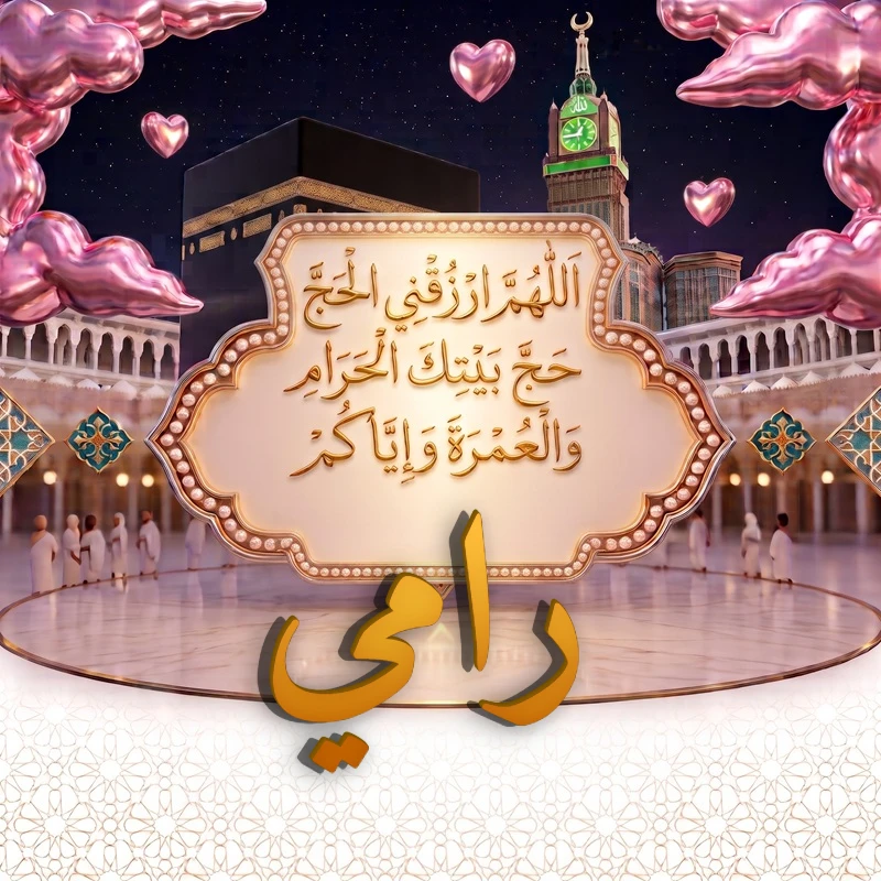 صورة دعاء الحج والعمرة باسم رامي | اللهم ارزقني الحج حج بيتك الحرام والعمرة وإياكم | بطاقة دعائية مميزة