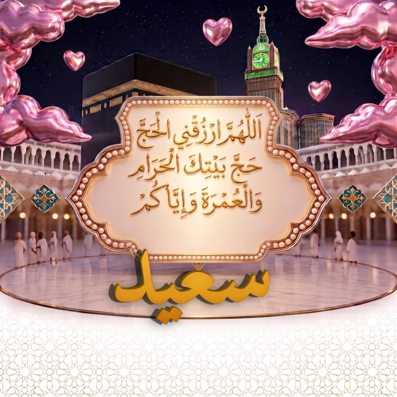 صورة دعاء الحج والعمرة باسم سعيد | اللهم ارزقني الحج حج بيتك الحرام والعمرة وإياكم | بطاقة دعائية مميزة